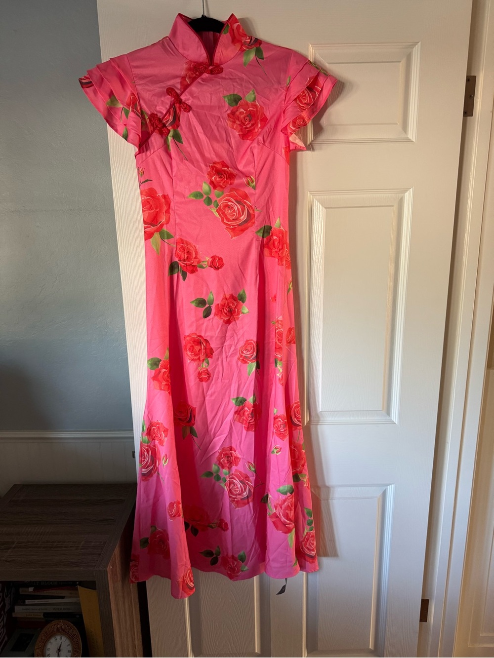 Floral Pink Mandarin-Collar Maxi Dress